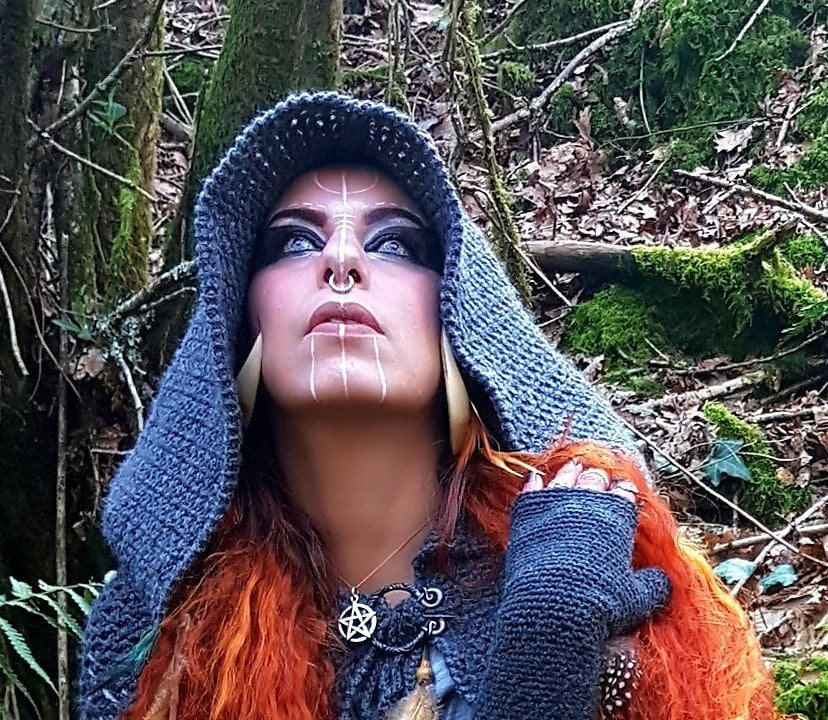 Hand Woven Hooded Shawl: Vegan Viking Wedding Cape with Viking Pin