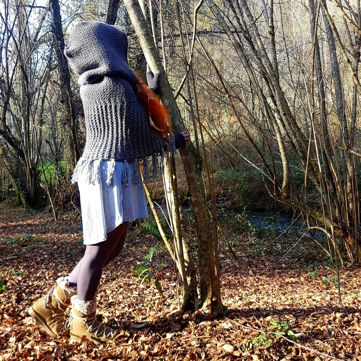 Hand Woven Hooded Shawl: Vegan Viking Wedding Cape with Viking Pin
