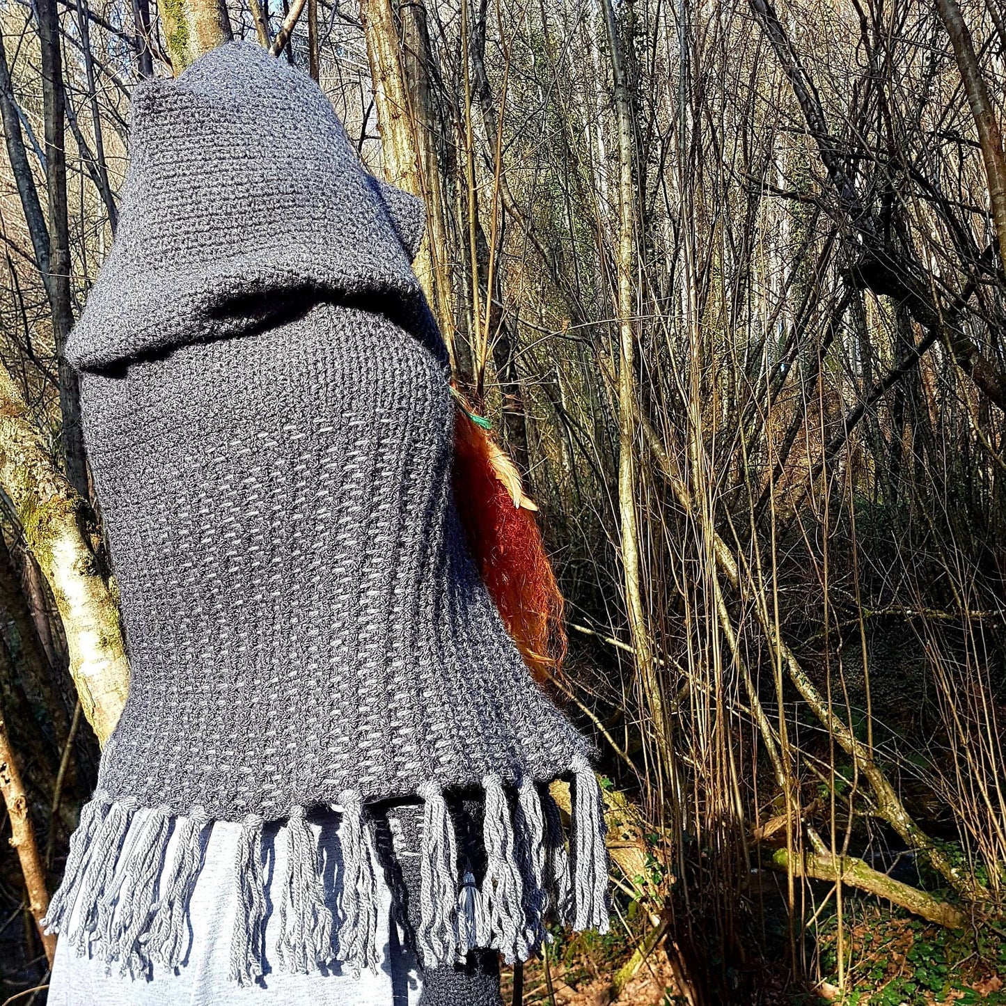 Hand Woven Hooded Shawl: Vegan Viking Wedding Cape with Viking Pin
