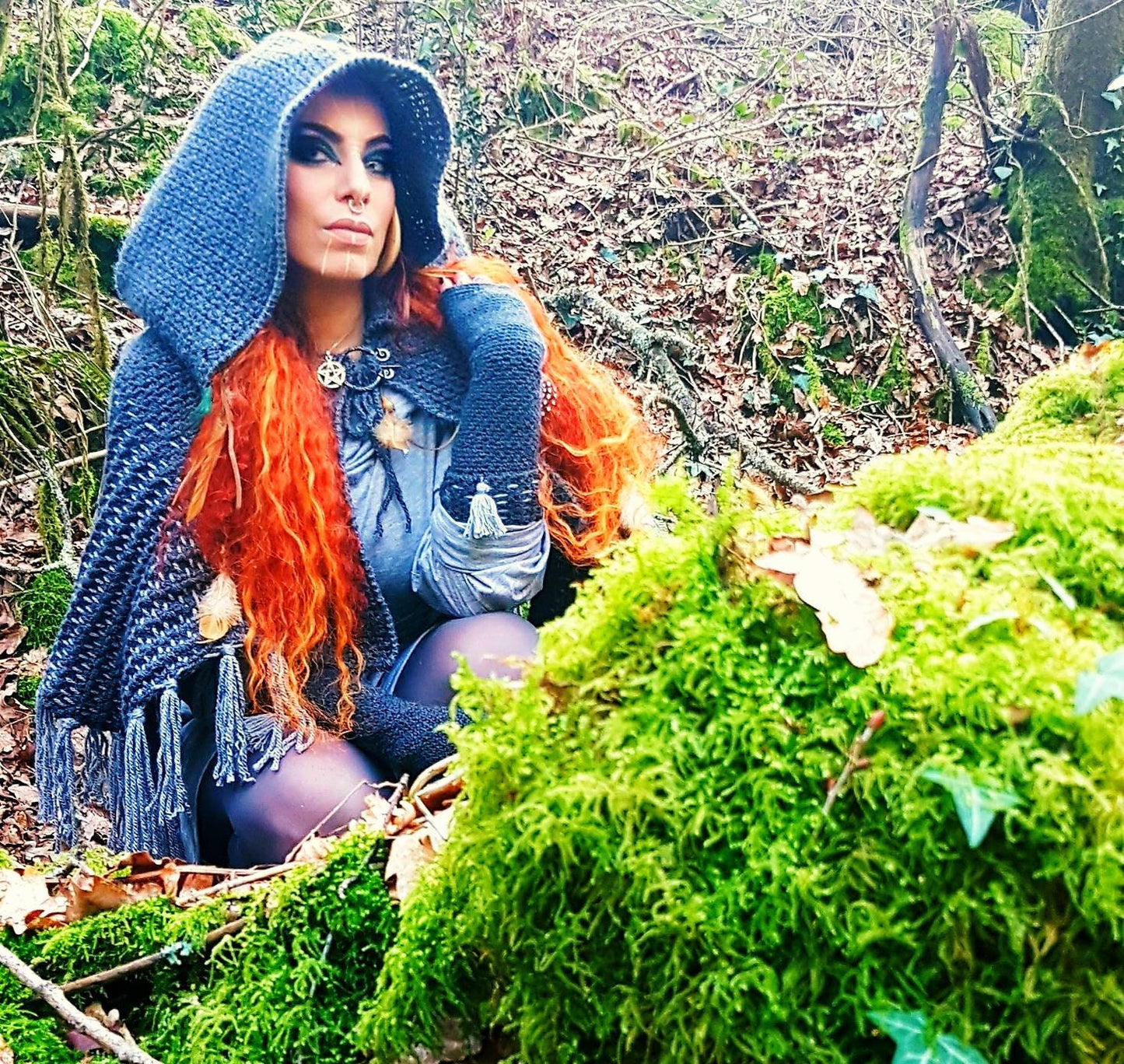 Hand Woven Hooded Shawl: Vegan Viking Wedding Cape with Viking Pin