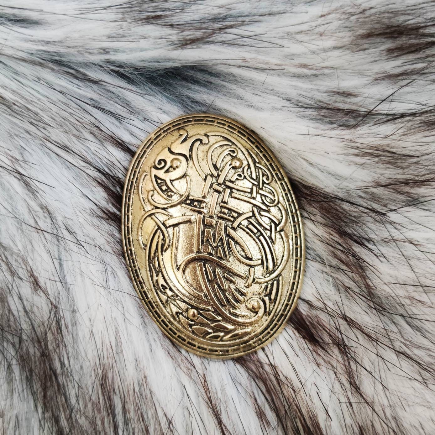 Wild Wolf Fur Mantle, Vegan Fur with Brooches, Norse Fur Mantle