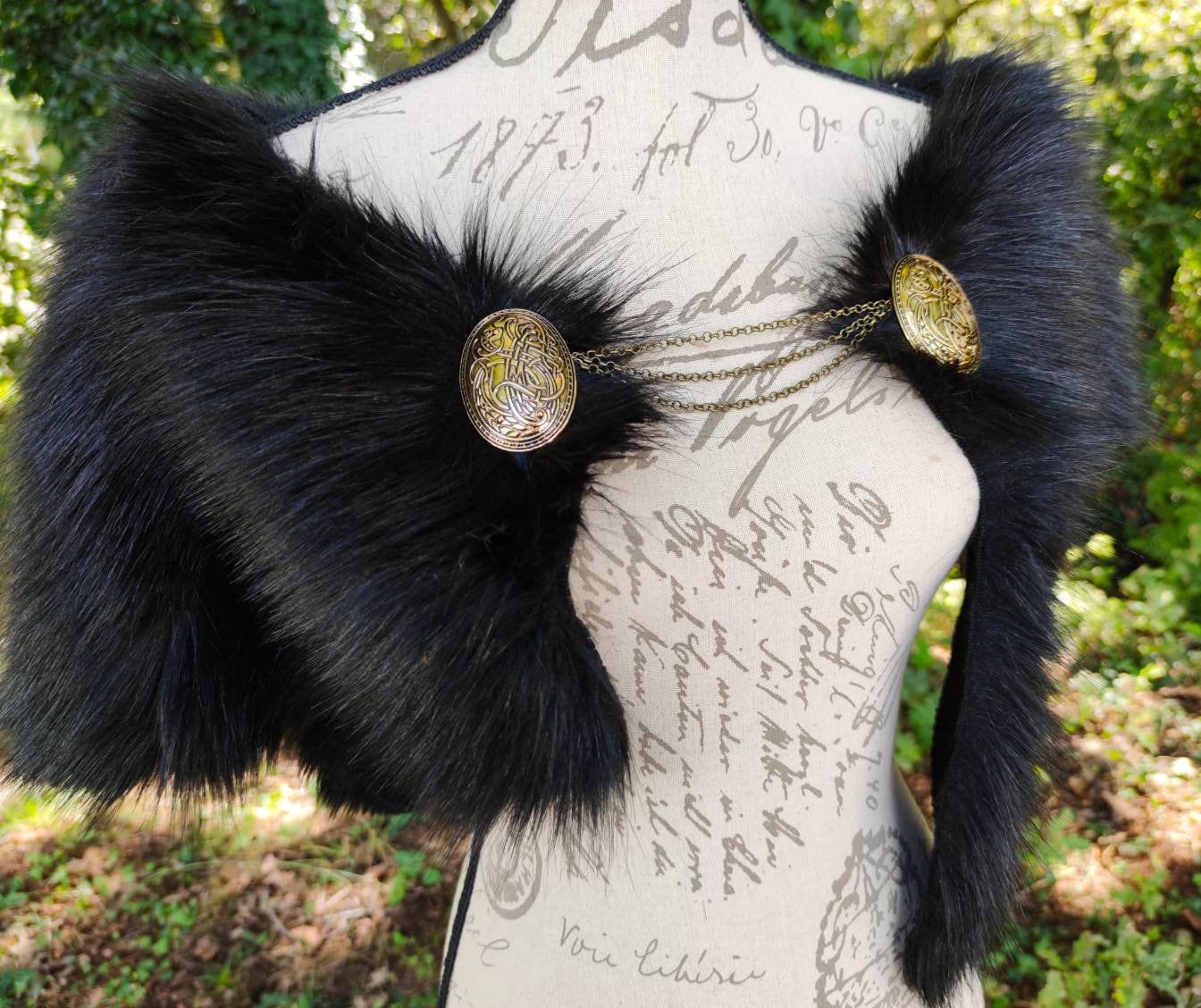 Norse Fur, Black Fur Viking Mantle with Brooches, Norse Fur Collar