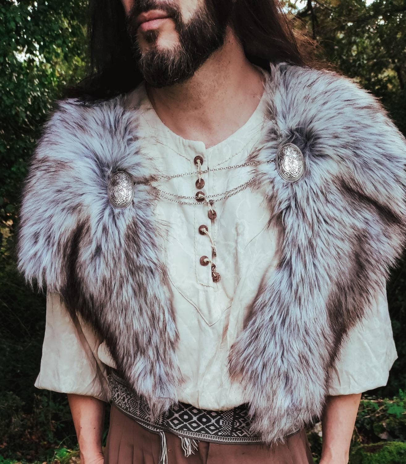 A Gray Wolf Vegan Fur Viking Mantle with Brooches, Barbarian Edition