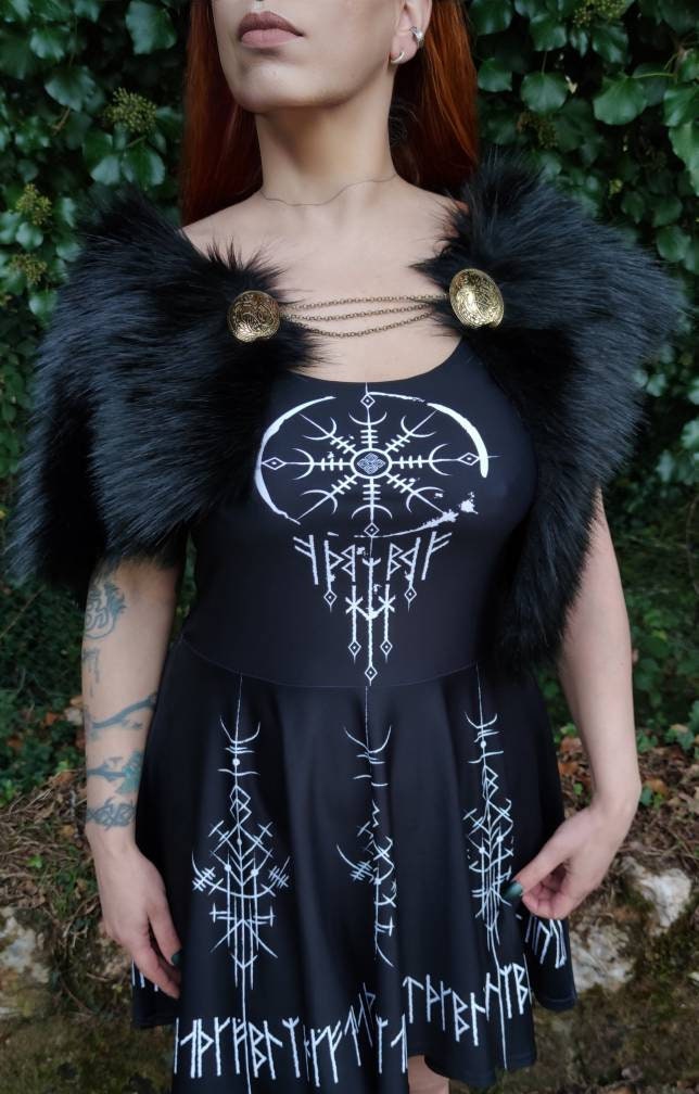 Norse Fur, Black Fur Viking Mantle with Brooches, Norse Fur Collar