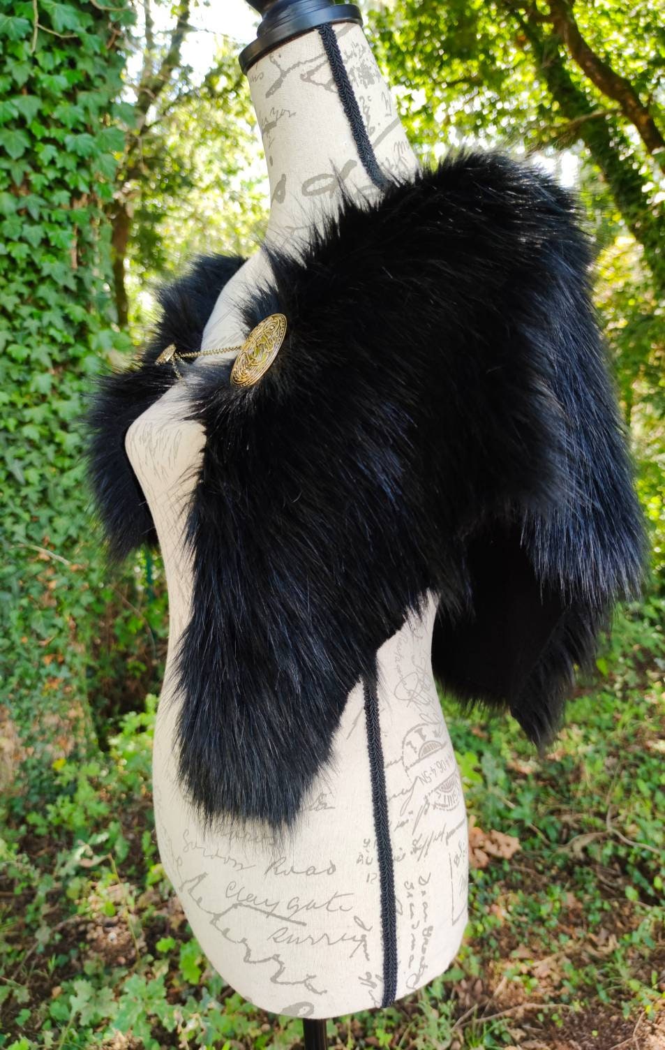 Norse Fur, Black Fur Viking Mantle with Brooches, Norse Fur Collar