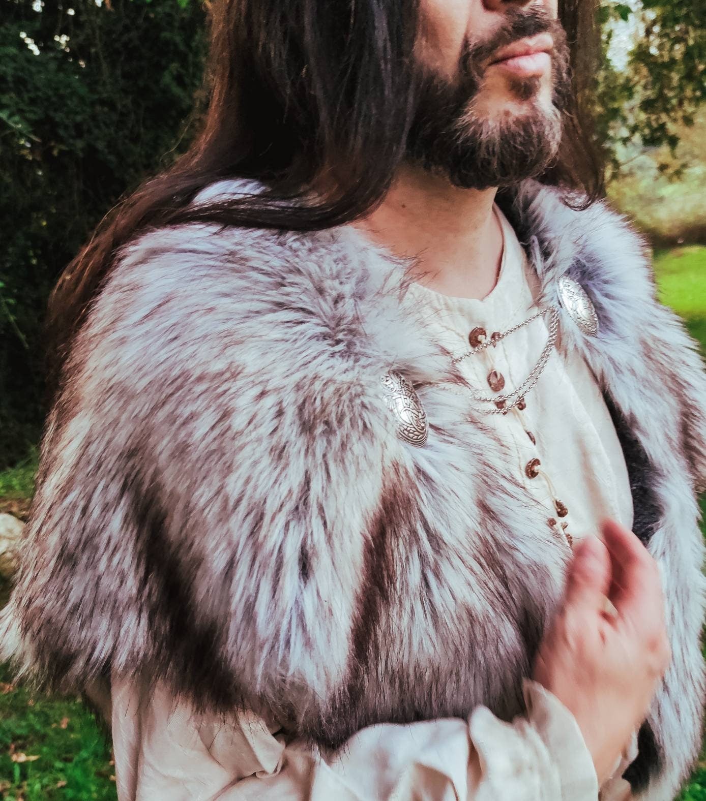 A Gray Wolf Vegan Fur Viking Mantle with Brooches, Barbarian Edition