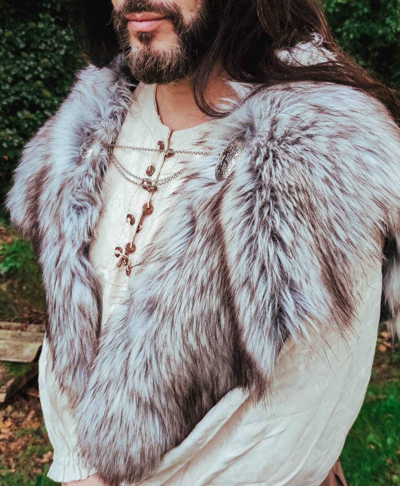 A Gray Wolf Vegan Fur Viking Mantle with Brooches, Barbarian Edition