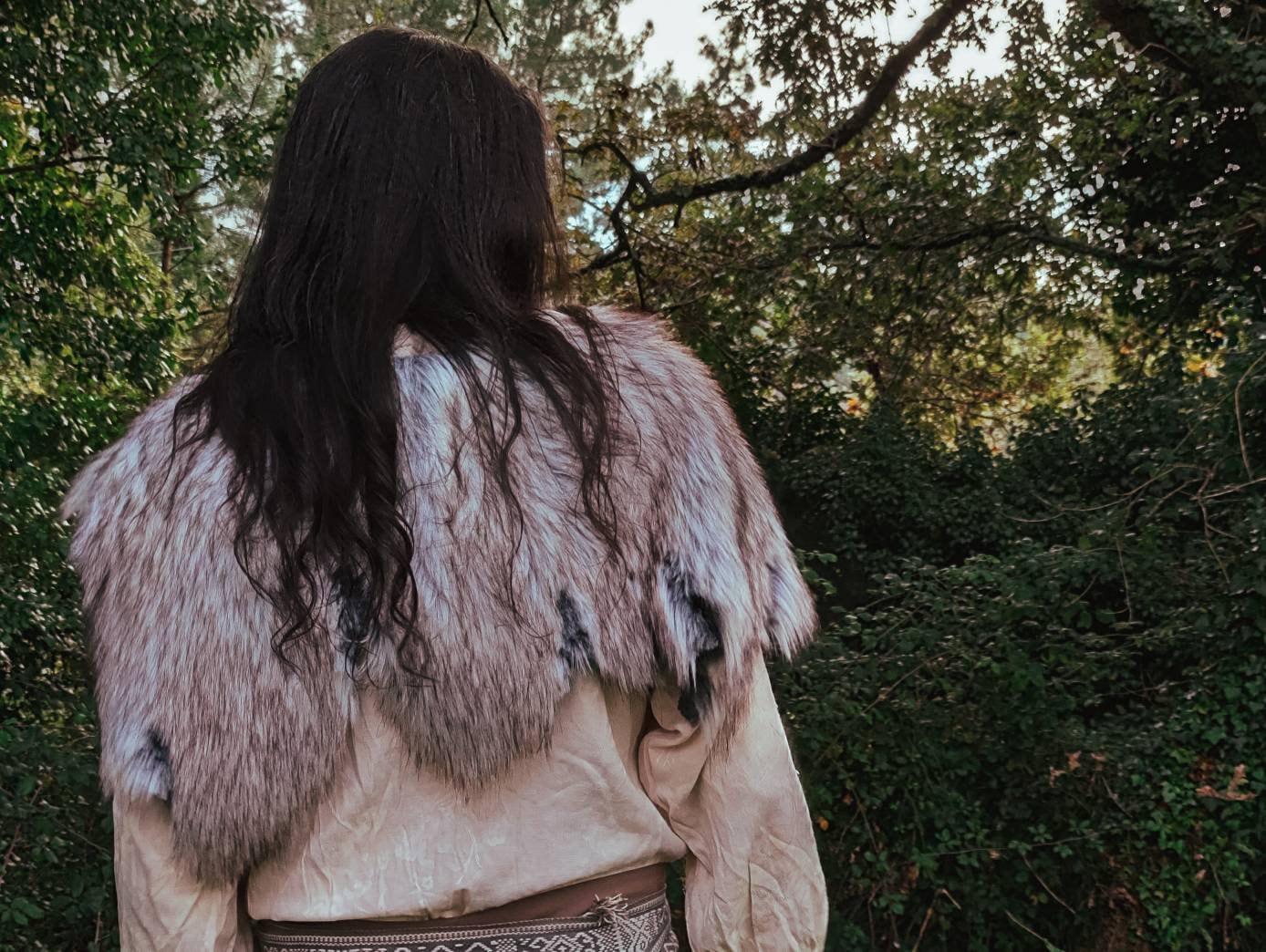 A Gray Wolf Vegan Fur Viking Mantle with Brooches, Barbarian Edition
