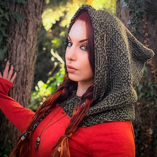 Forest Green Hood, Norse Hood,  Handwoven with Alpaca & wool