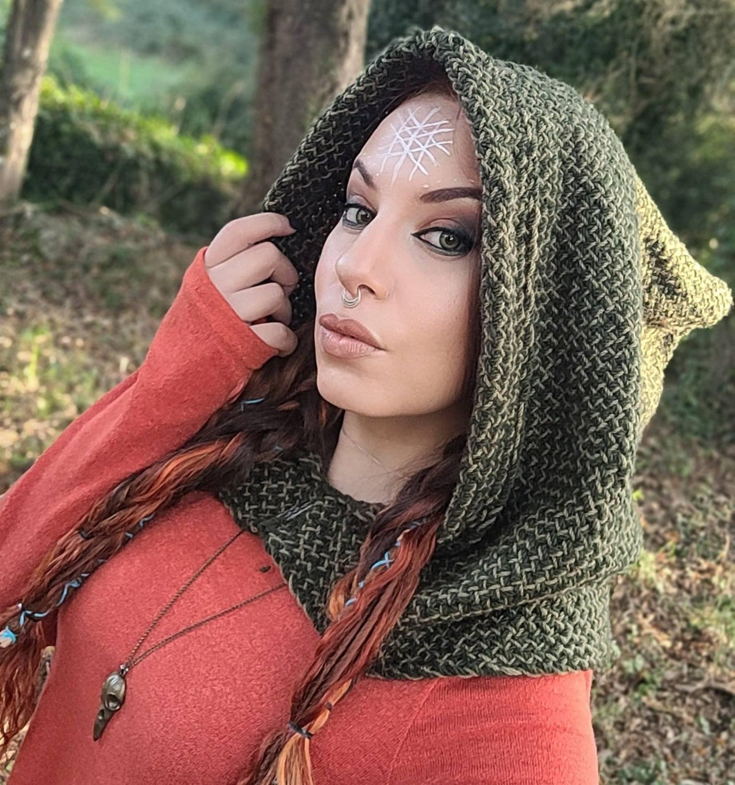 Forest Green Hood, Norse Hood,  Handwoven with Alpaca & wool