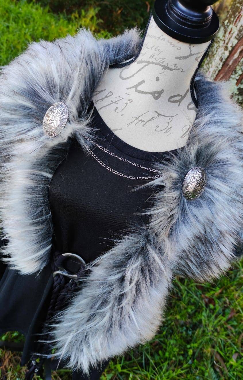 A Gray Wolf Vegan Fur Viking Mantle with Brooches, Barbarian Edition