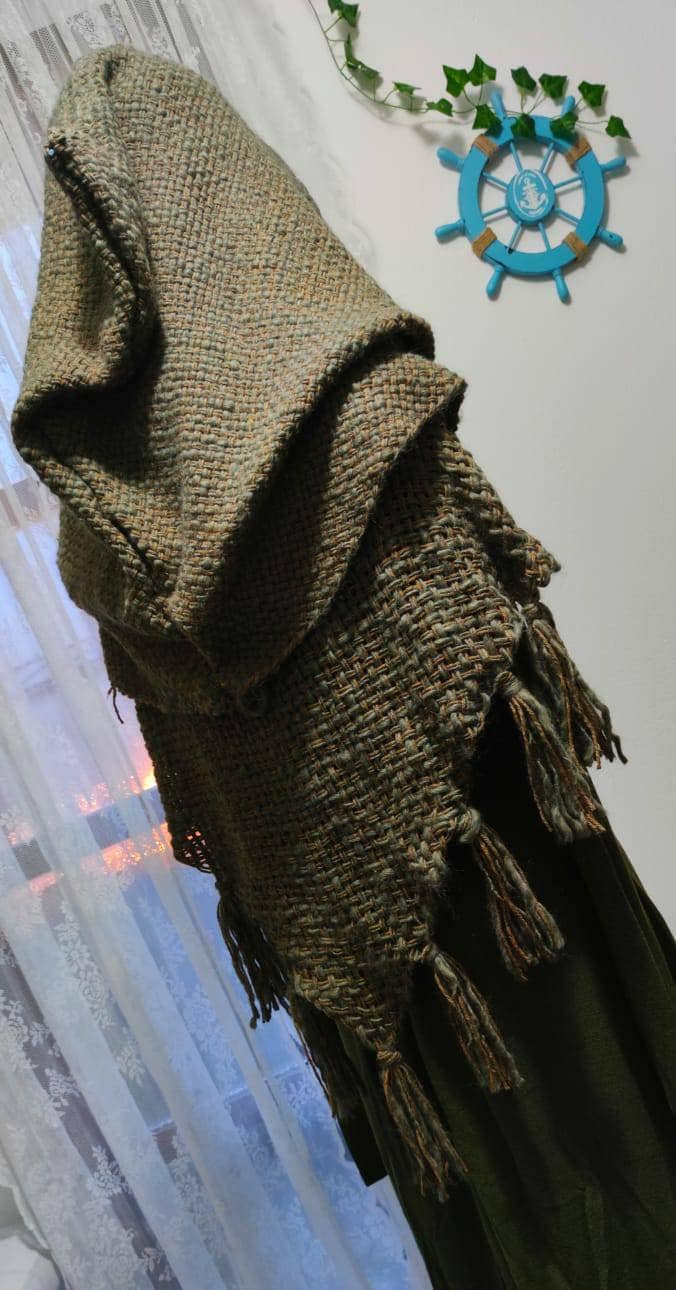 Handwoven Forest Witch Shawl Set: Hood, Chemise, Skirt, Amulet Belt
