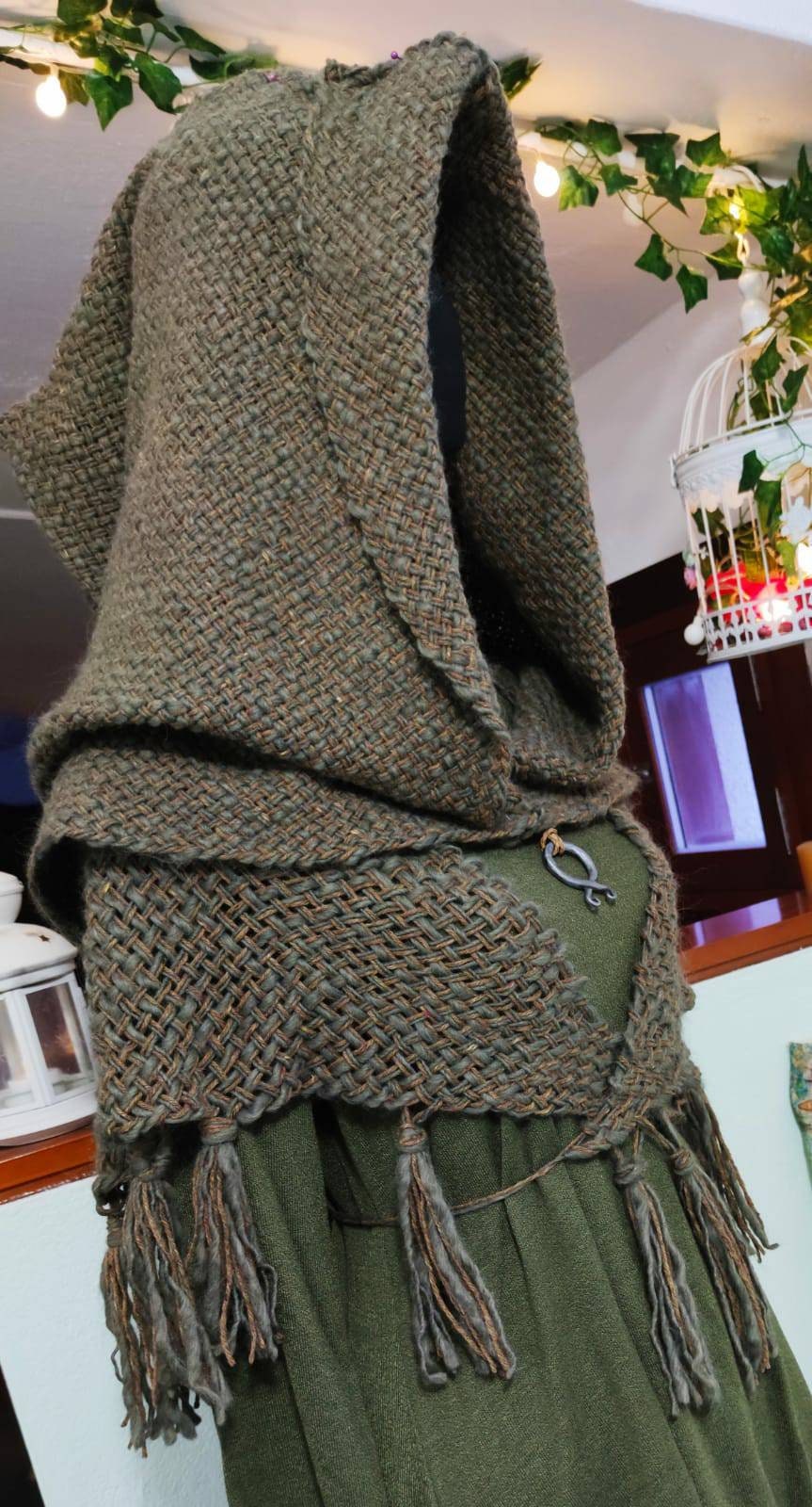 Handwoven Forest Witch Shawl Set: Hood, Chemise, Skirt, Amulet Belt