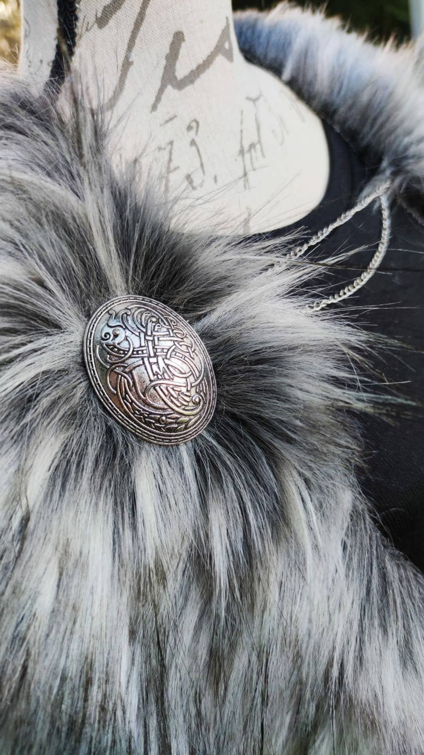 A Gray Wolf Vegan Fur Viking Mantle with Brooches, Barbarian Edition