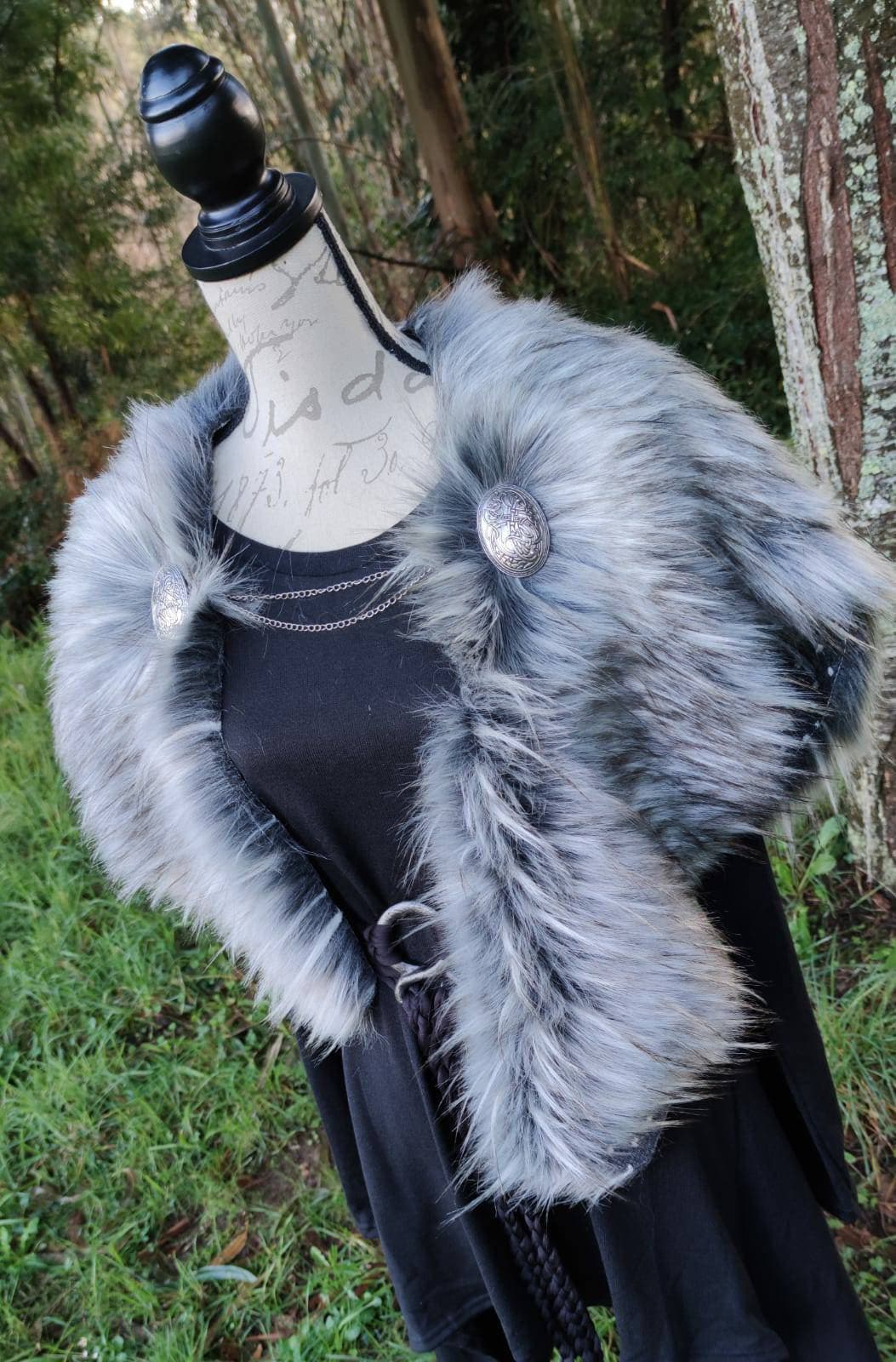 A Gray Wolf Vegan Fur Viking Mantle with Brooches, Barbarian Edition