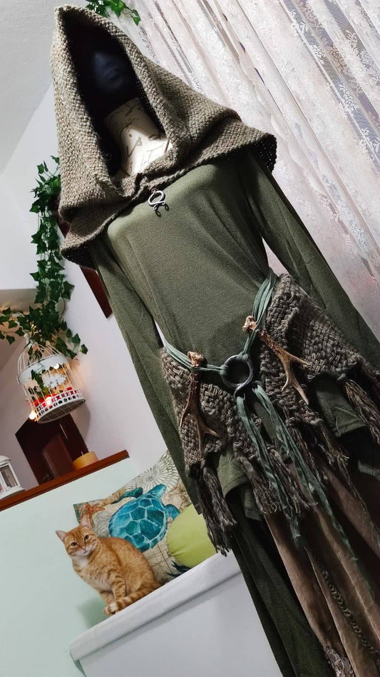 Handmade Forest Witch Outfit, Hooded Shawl, Chemise, Skirt, Norse Belt