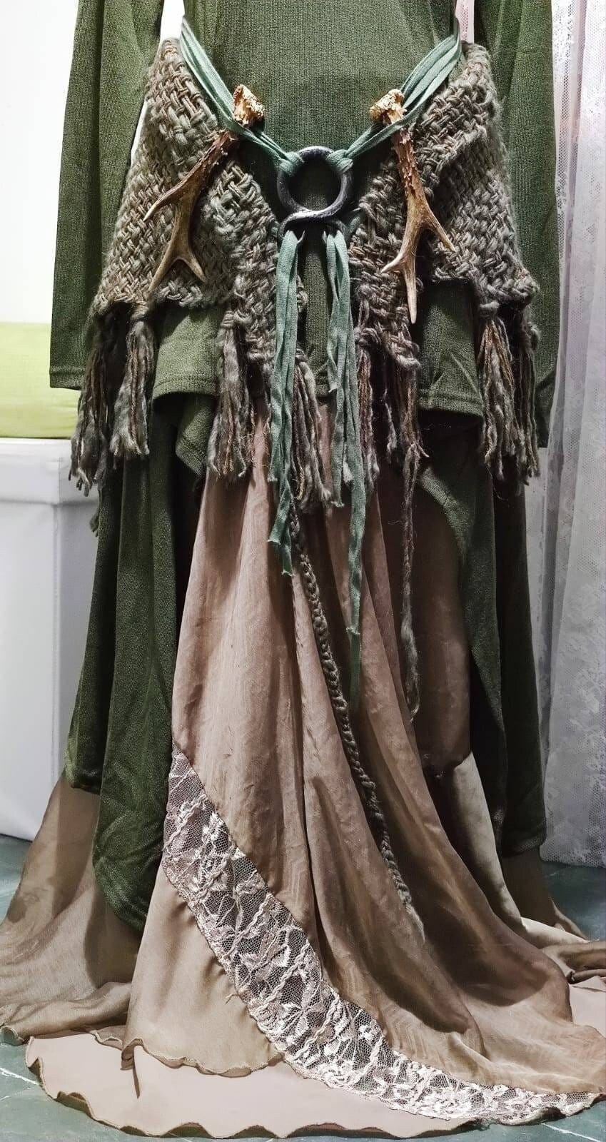Handmade Forest Witch Outfit, Hooded Shawl, Chemise, Skirt, Norse Belt