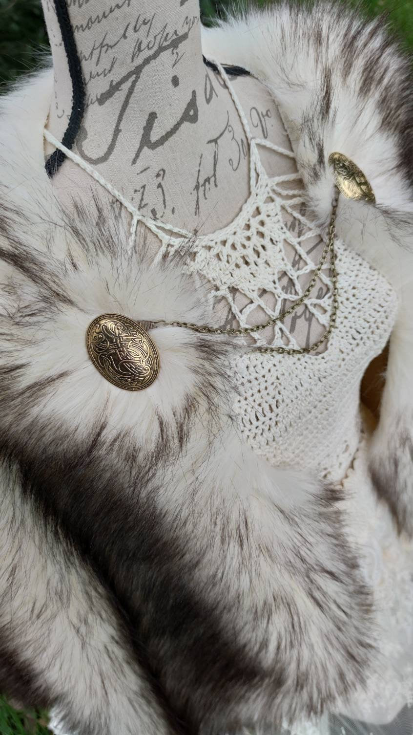 Viking Cape, Gray Fur Mantle, Norse Wedding Cloak with Brooches
