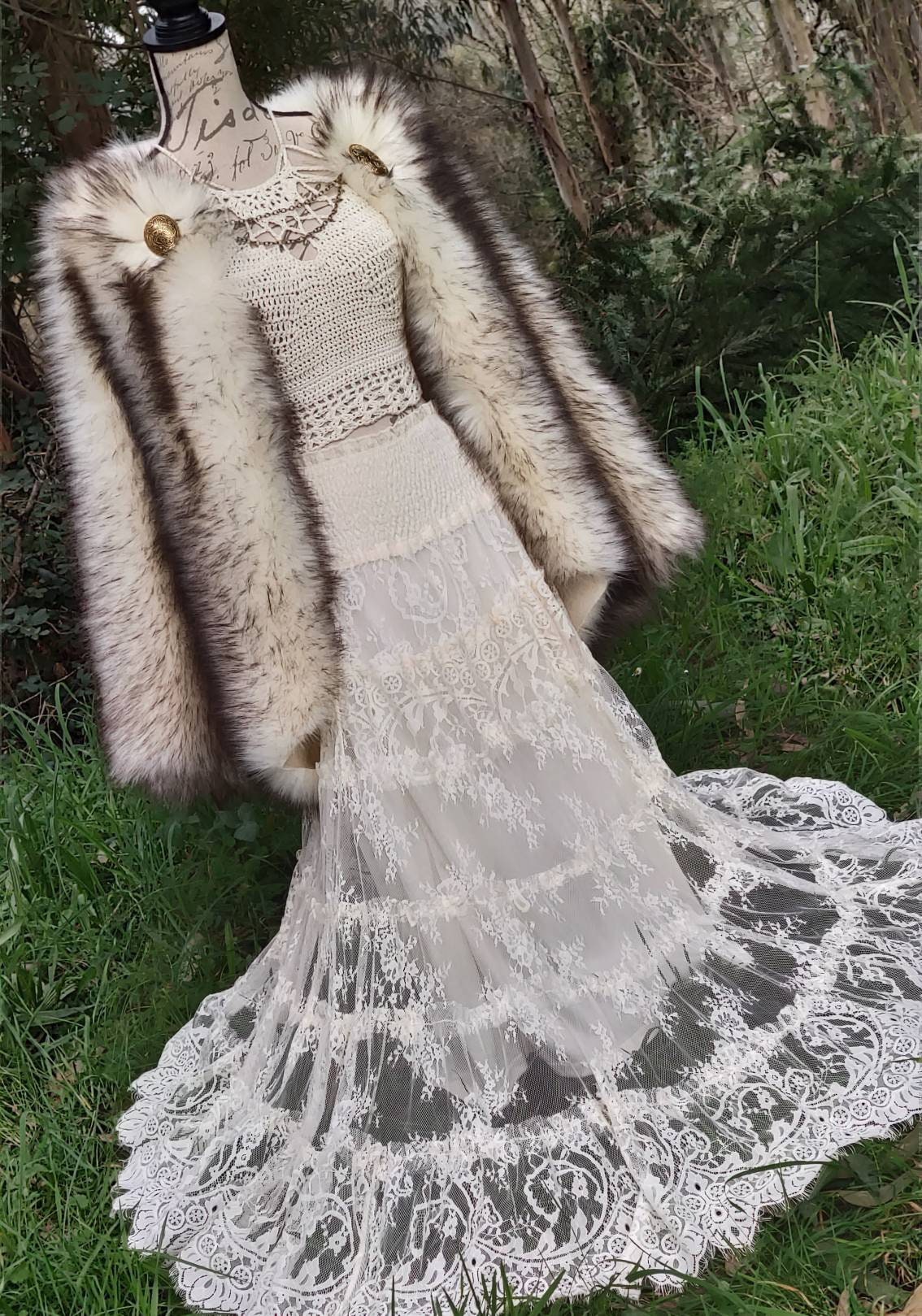 Nordic Fur Viking Wedding Cloak, Norse Bridal Cape with Brooches