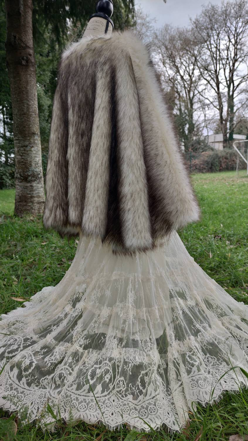 Viking Cape, Gray Fur Mantle, Norse Wedding Cloak with Brooches
