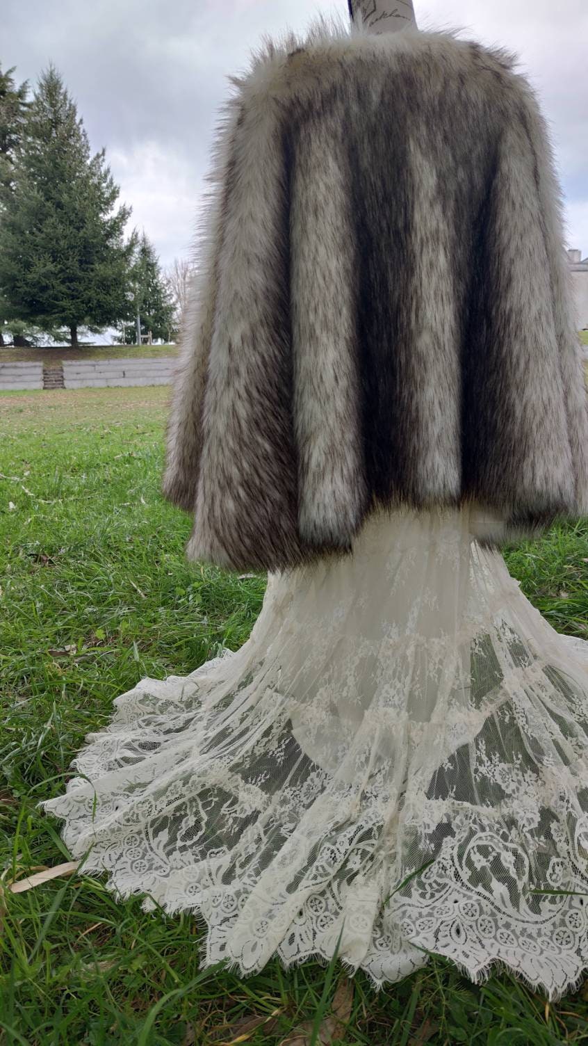 Nordic Fur Viking Wedding Cloak, Norse Bridal Cape with Brooches