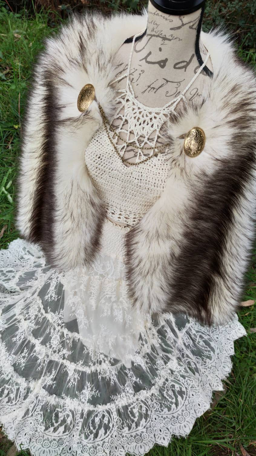 Viking Cape, Gray Fur Mantle, Norse Wedding Cloak with Brooches