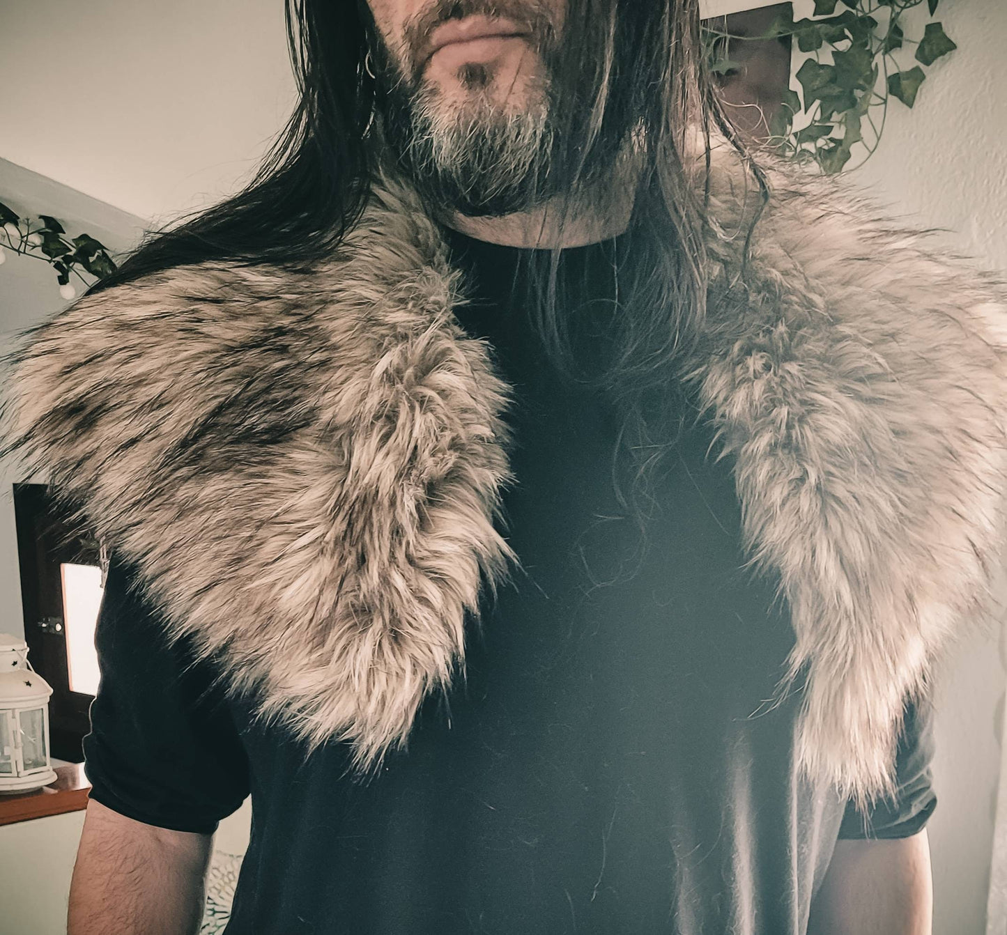 Wild Wolf Fur Mantle, Vegan Fur with Brooches, Norse Fur Mantle