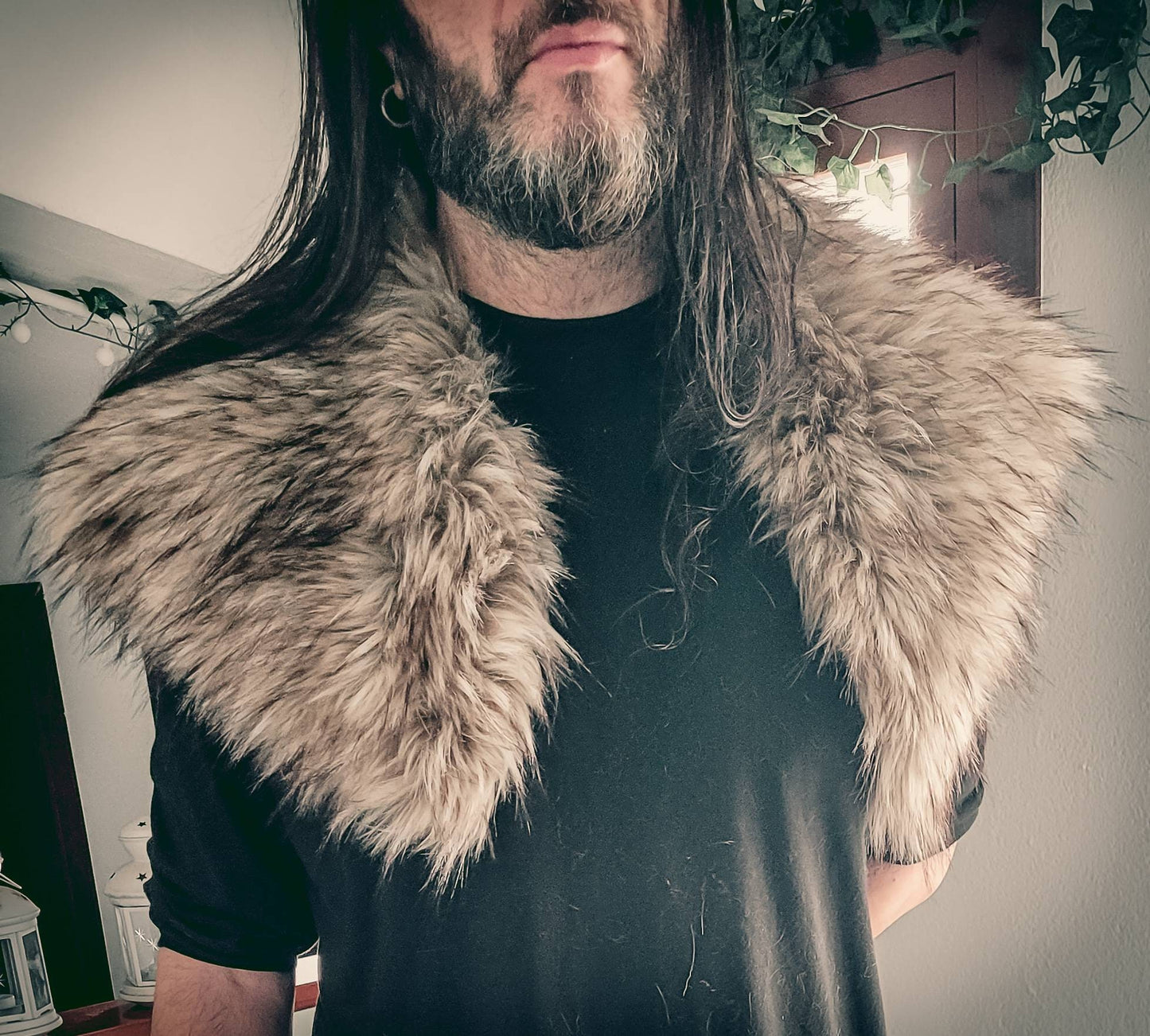 Wild Wolf Fur Mantle, Vegan Fur with Brooches, Norse Fur Mantle