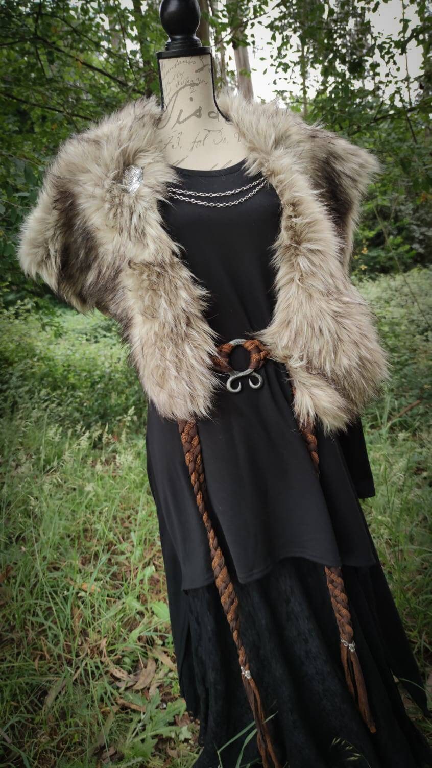 Norse Fur, Barbarian Fur Viking Shoulder Mantle, Brooches Included