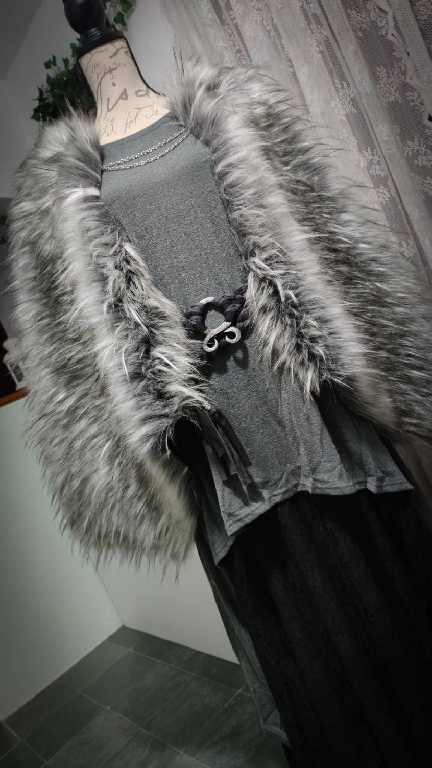 Viking Cape, Gray Fur Mantle, Norse Wedding Cloak with Brooches