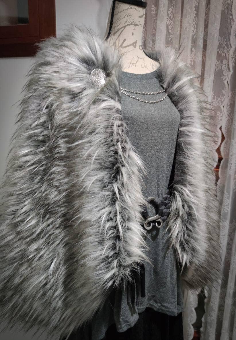 Viking Cape, Gray Fur Mantle, Norse Wedding Cloak with Brooches