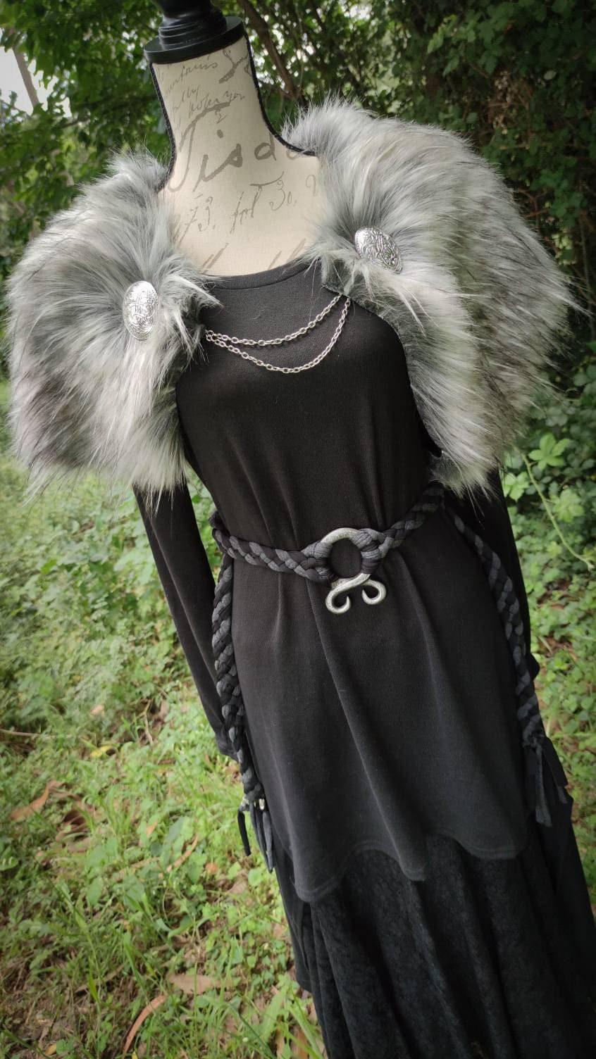 Grey Wolf Vegan Fur, Viking Wedding, Norse Wedding Mantle with Brooches
