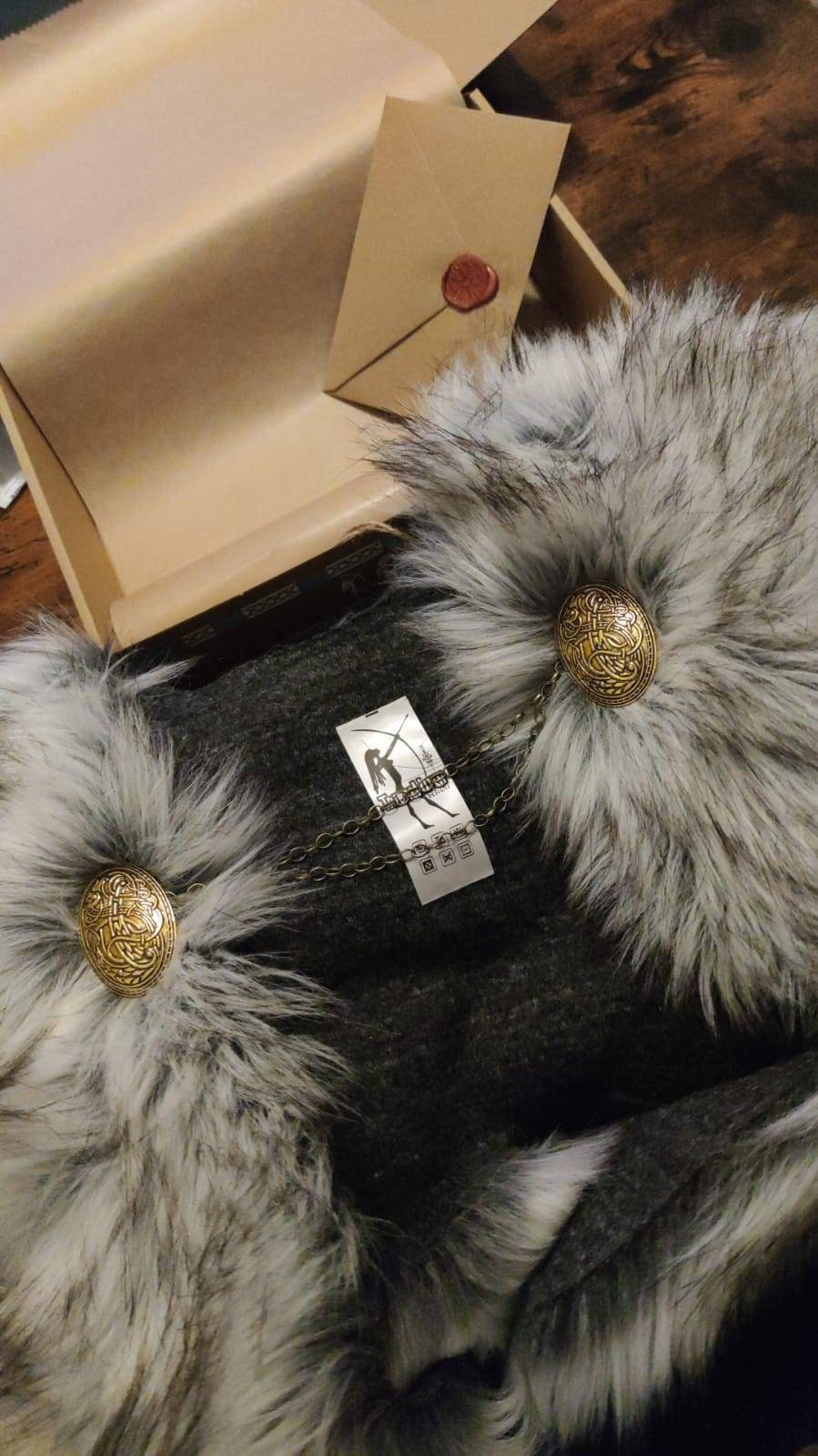Grey Wolf Vegan Fur, Viking Wedding, Norse Wedding Mantle with Brooches