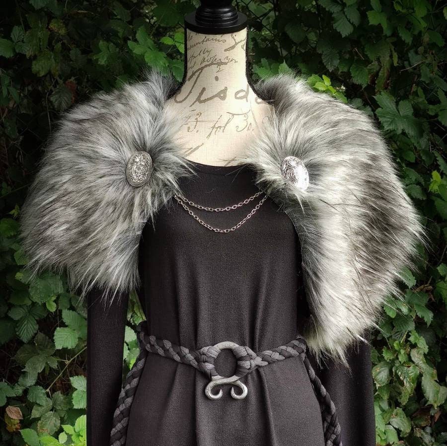 Grey Wolf Vegan Fur, Viking Wedding, Norse Wedding Mantle with Brooches