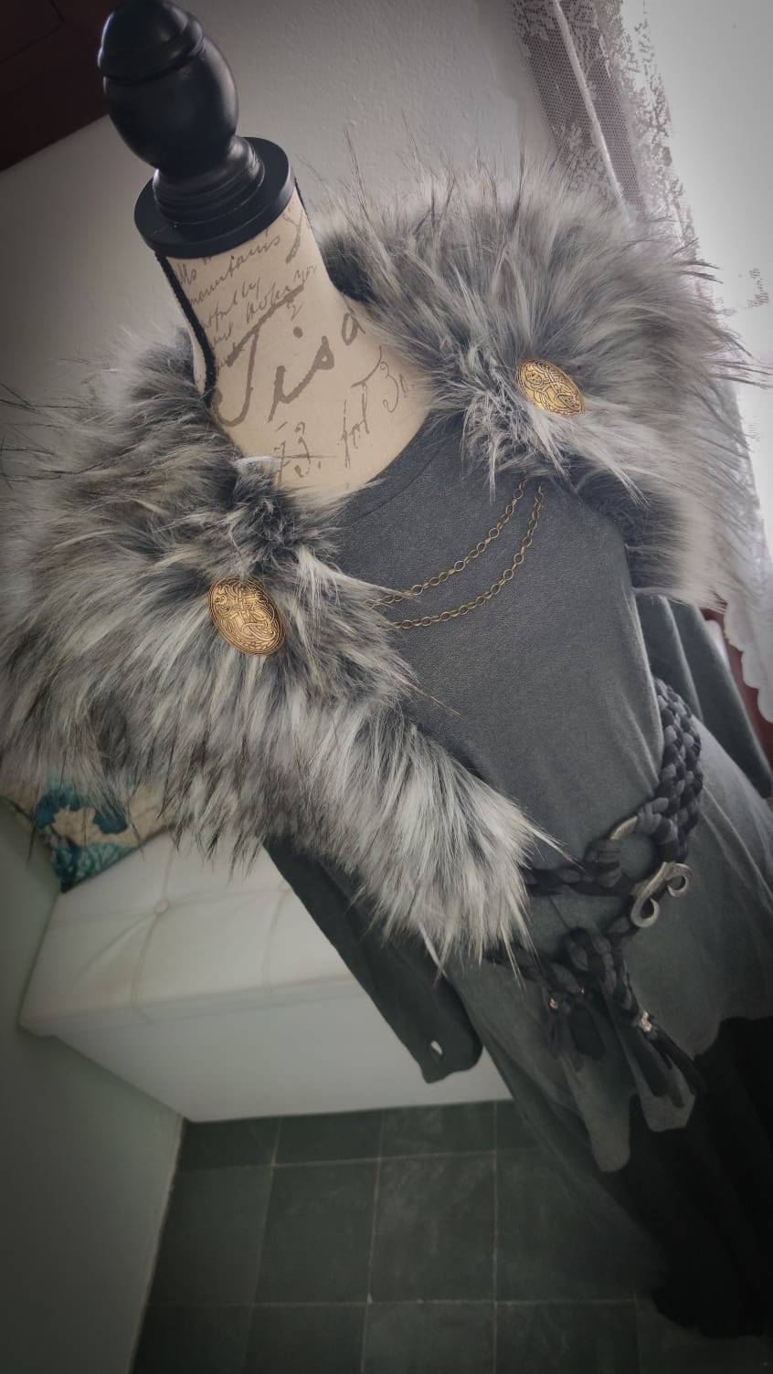 The Gray Wolf Vegan Fur Viking Mantle: Norse Wedding Shawl with Brooches