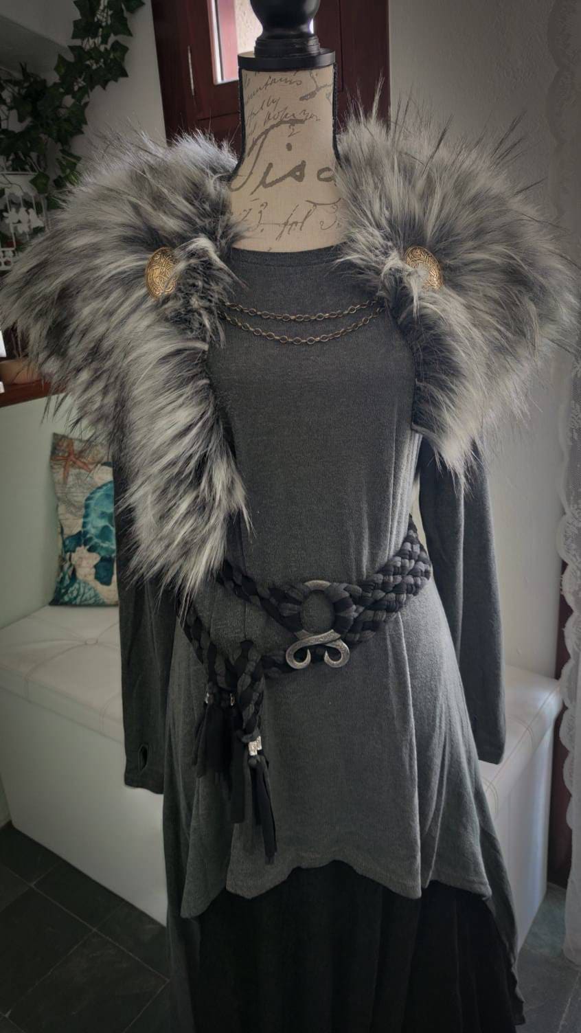 The Gray Wolf Vegan Fur Viking Mantle: Norse Wedding Shawl with Brooches