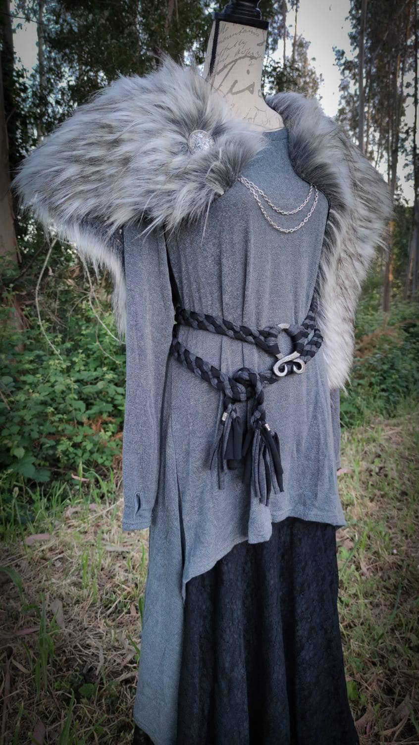 The Gray Wolf Vegan Fur Viking Mantle: Norse Wedding Shawl with Brooches