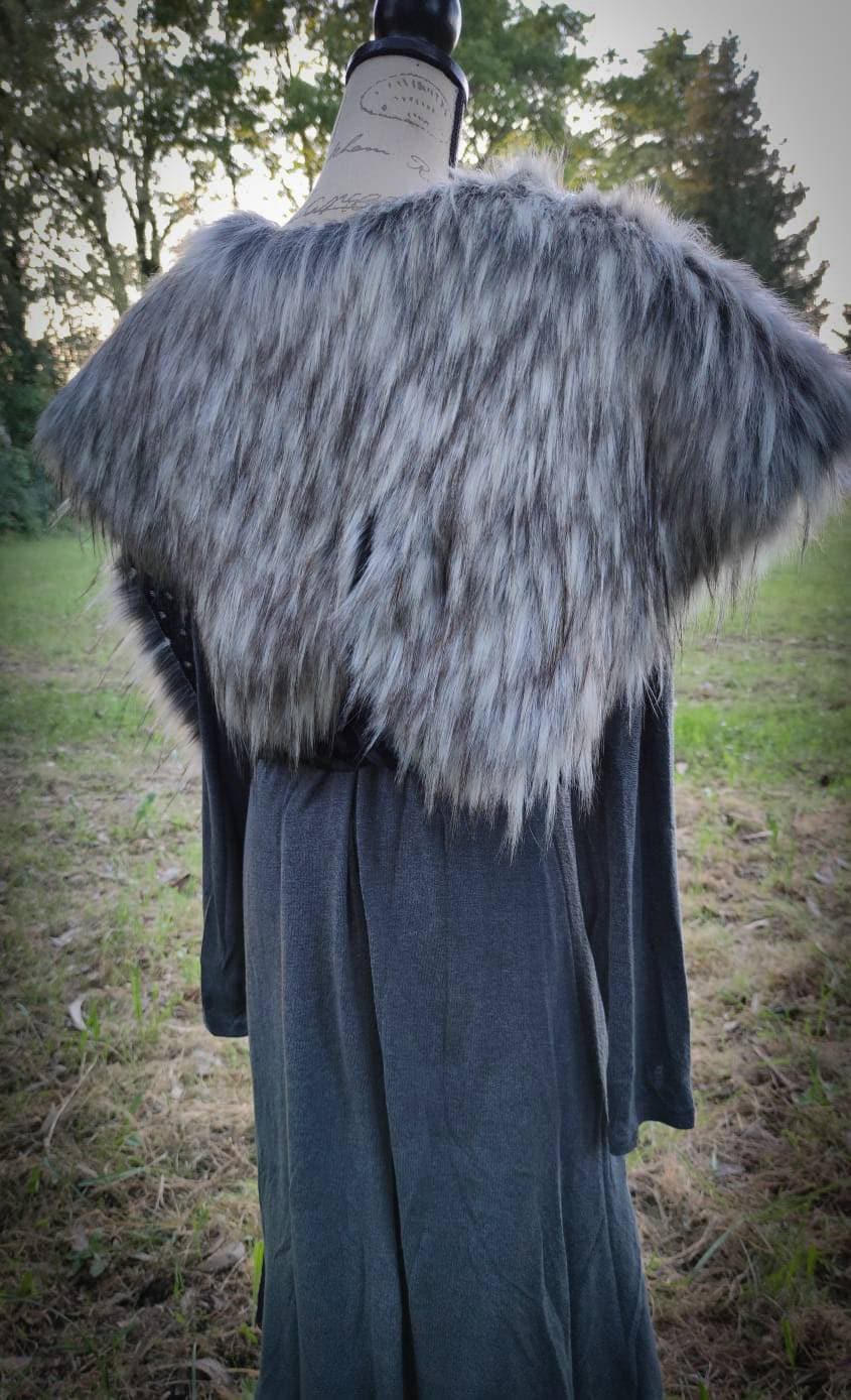 The Gray Wolf Vegan Fur Viking Mantle: Norse Wedding Shawl with Brooches