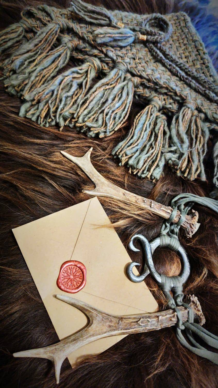 Norse Witch Shawl: Viking Wrap with Nordic Amulet Belt, Big Handwoven Shawl,