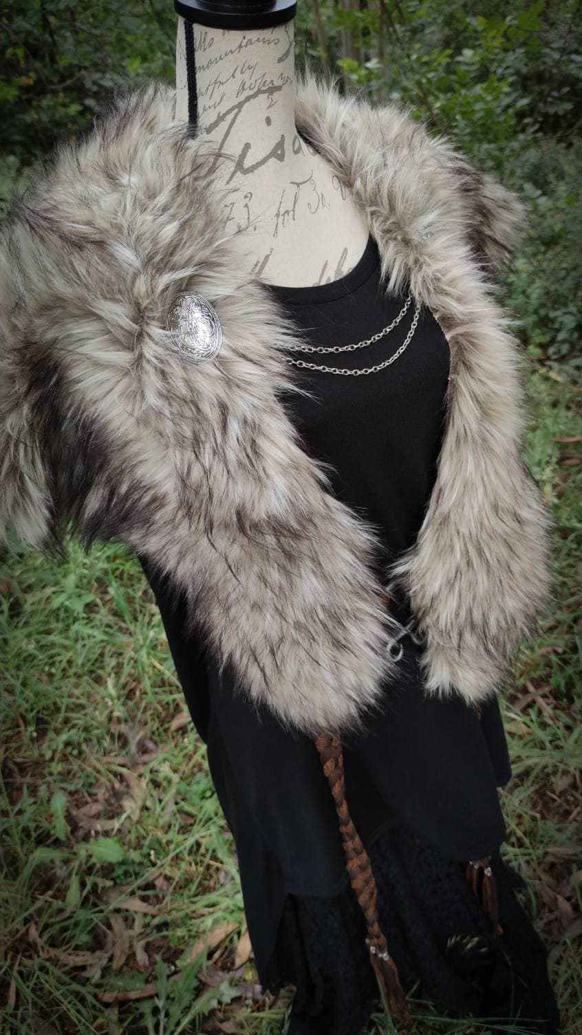 Norse Fur, Barbarian Fur Viking Shoulder Mantle, Brooches Included