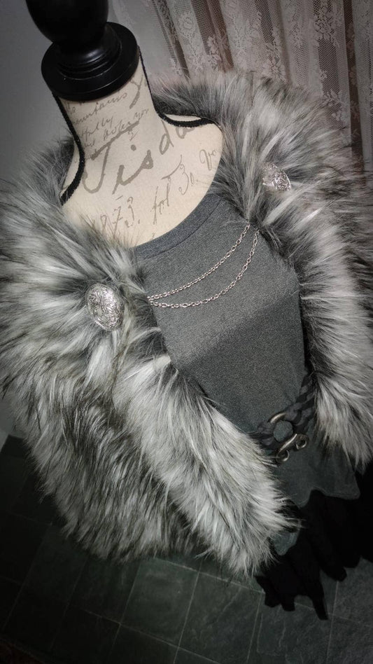 Viking Cape, Gray Fur Mantle, Norse Wedding Cloak with Brooches