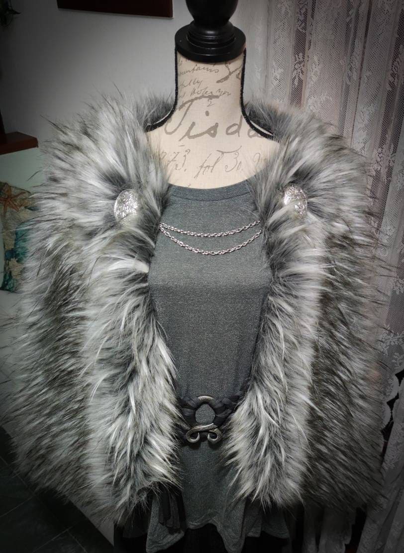 Viking Cape, Gray Fur Mantle, Norse Wedding Cloak with Brooches