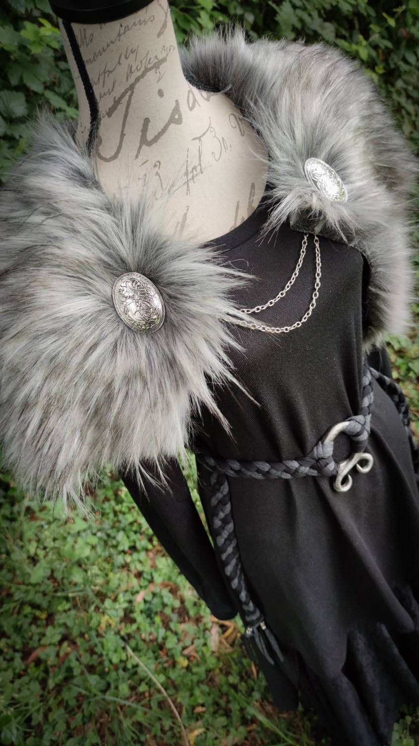 Grey Wolf Vegan Fur, Viking Wedding, Norse Wedding Mantle with Brooches
