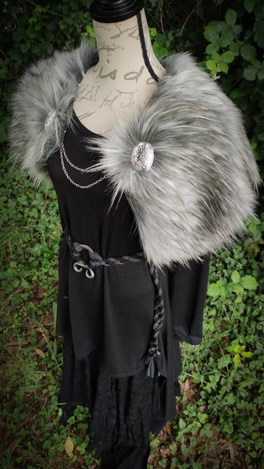 Grey Wolf Vegan Fur, Viking Wedding, Norse Wedding Mantle with Brooches