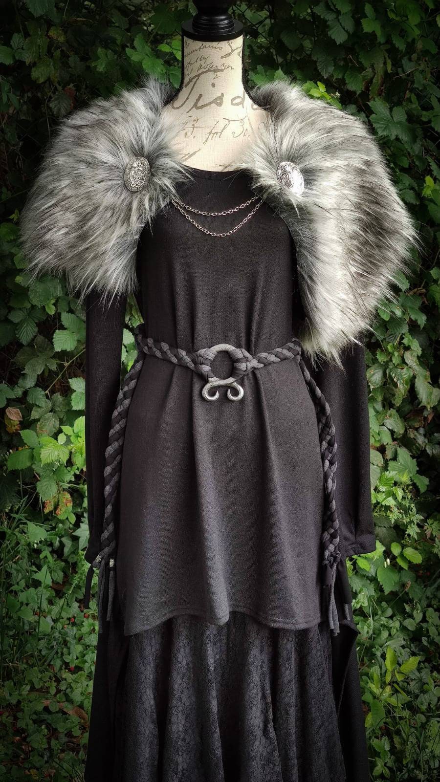 Grey Wolf Vegan Fur, Viking Wedding, Norse Wedding Mantle with Brooches