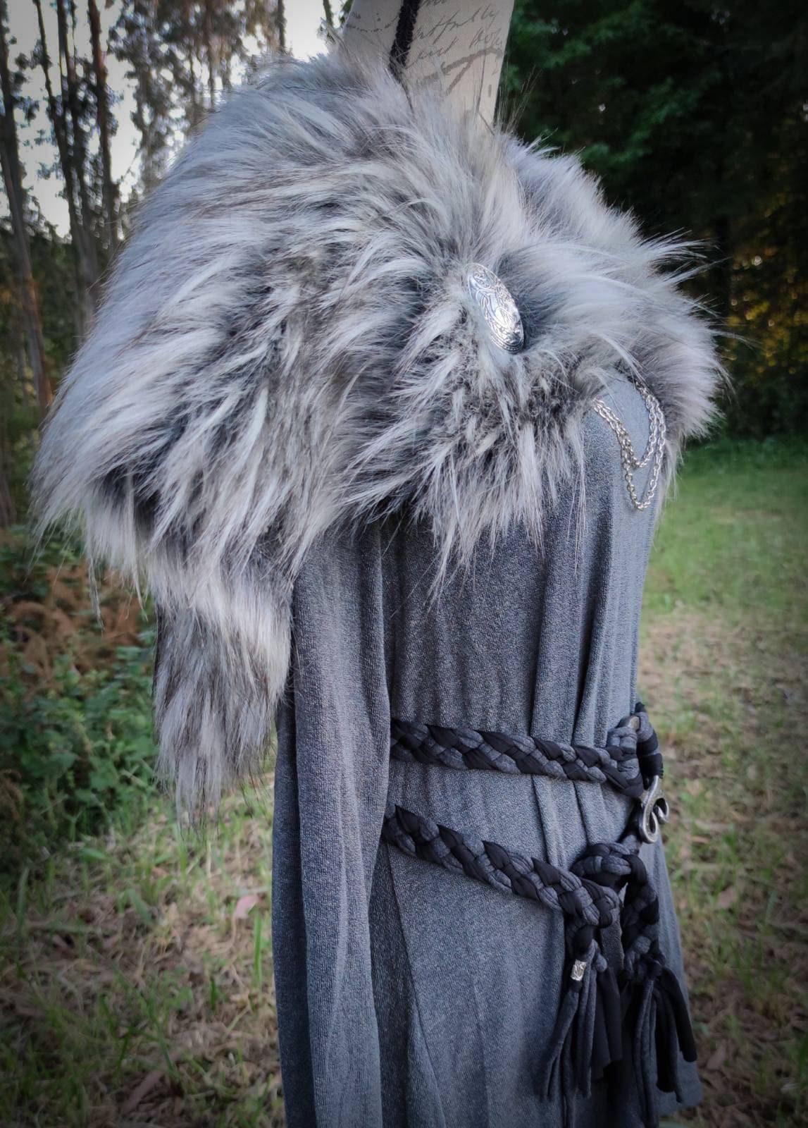 The Gray Wolf Vegan Fur Viking Mantle: Norse Wedding Shawl with Brooches