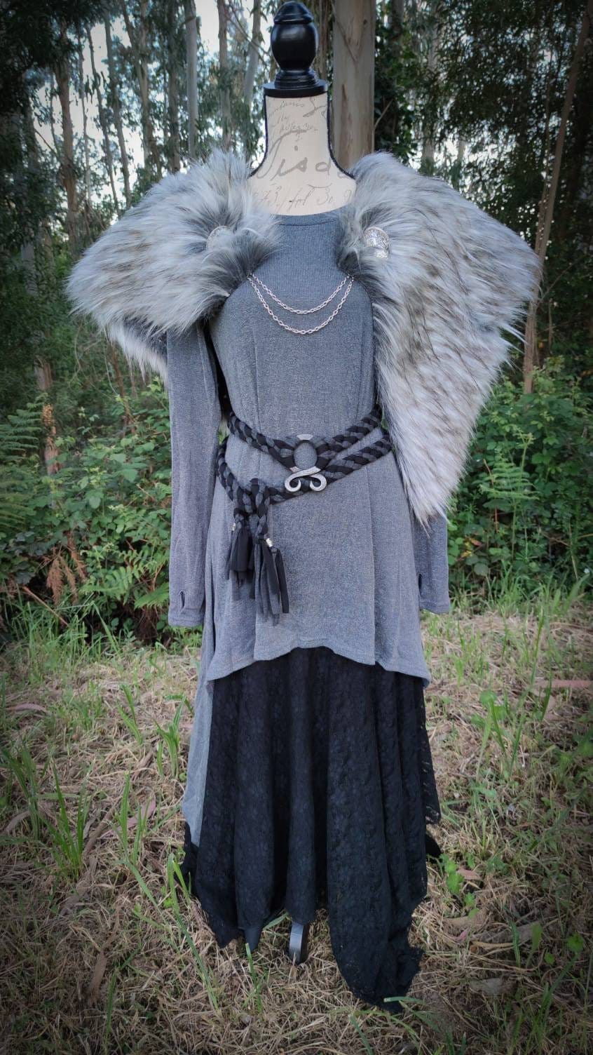 The Gray Wolf Vegan Fur Viking Mantle: Norse Wedding Shawl with Brooches