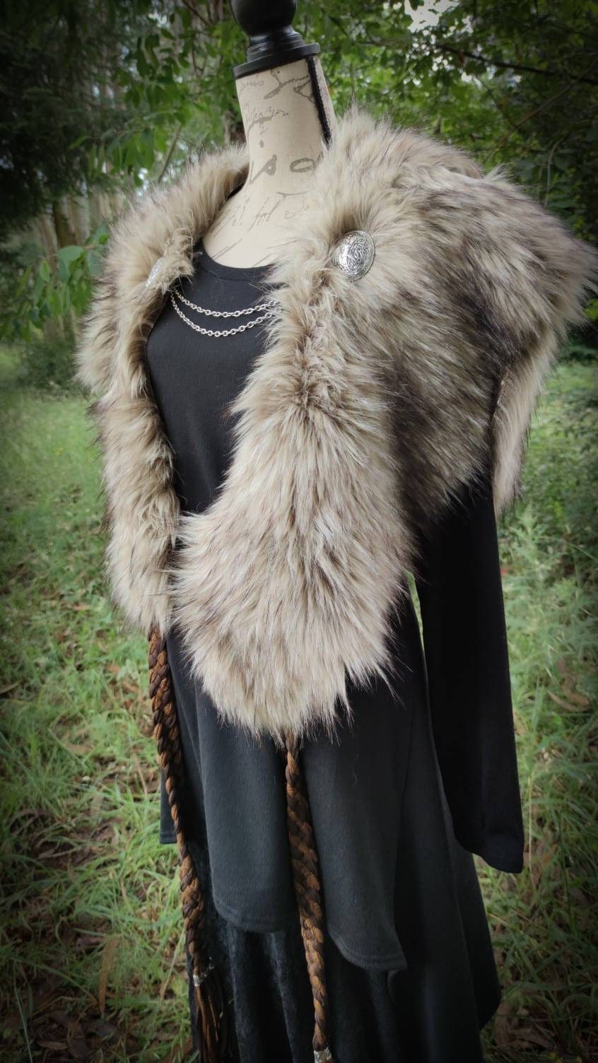 Norse Fur, Barbarian Fur Viking Shoulder Mantle, Brooches Included