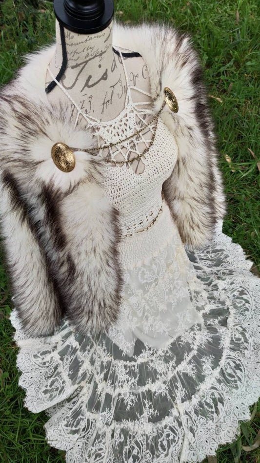 Nordic Fur Viking Wedding Cloak, Norse Bridal Cape with Brooches