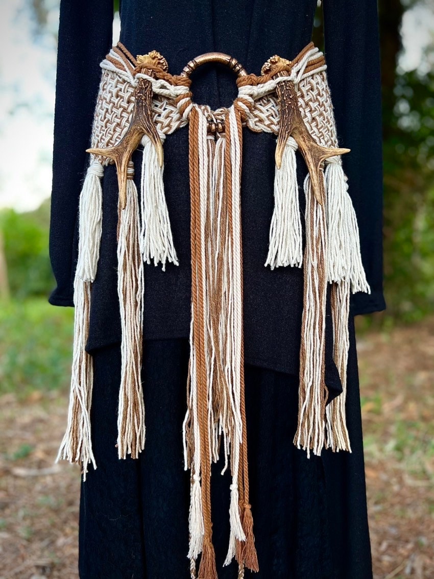 Harvest Witch Shawl Set, Nordic Shaman Shawl: Norse Belt, Vegan Antler Amulet